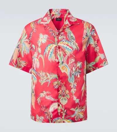 Etro Cotton Bowling Shirt With Placed Parrot And Palm Tree Print In Multi