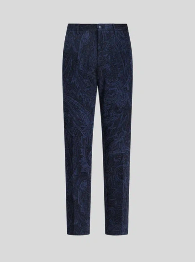 Etro Paisley Cotton Jacquard Trousers In Navy Blue