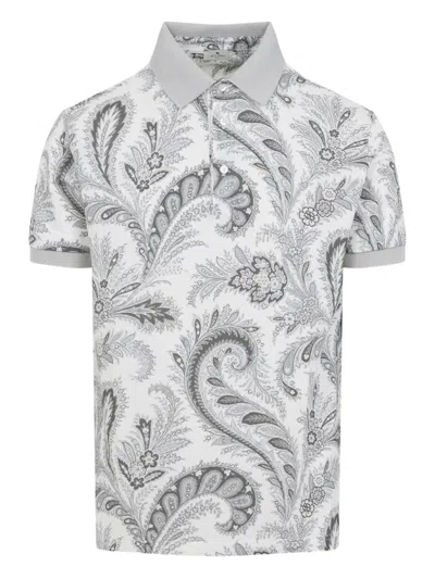 Etro Paisley Print Cotton Polo Shirt In White