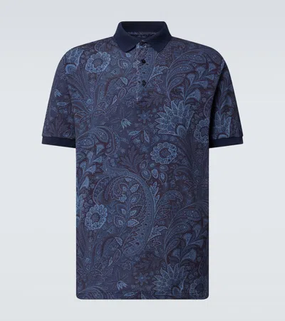 Etro Men Cotton Blend Polo Shirt With Floral Paisley Pattern In Blue