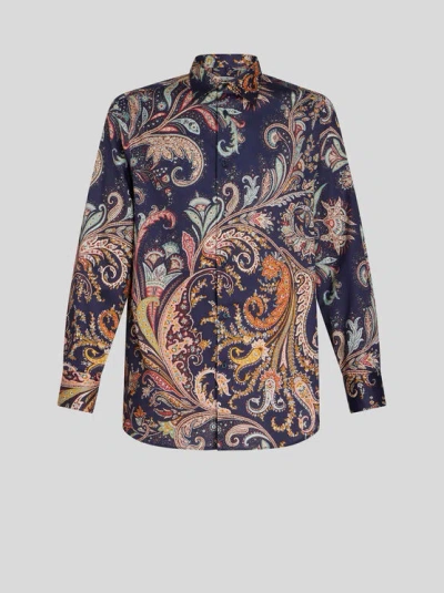 Etro Paisle- Print Cotton Shirt In Navy Blue