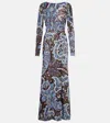 Etro Womens Multi On Blue Floral-intarsia-graphic Plunge-neckline-at-back Stretch-woven Blend Maxi Dress In Multicoloured