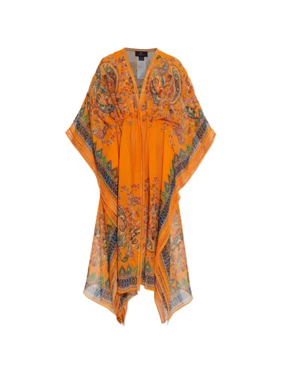 Etro Paisley Crochet-detail V-neck Midi Dress In Orange