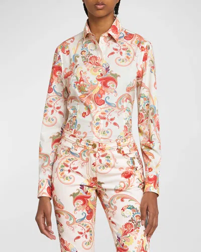 Etro Paisley Deco Cotton Shirt In Beige Multi