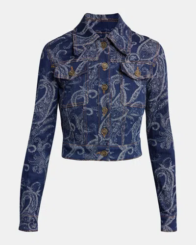 Etro Paisley Denim Jacquard Crop Jacket In Blue