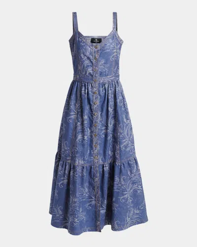 Etro Paisley Denim Jacquard Tiered Button-front Midi Dress In Blue