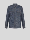 Etro Button-up Denim Overshirt With Paisley Pattern In Navy Blue