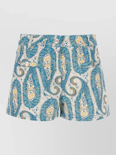 Etro Paisley Denim Shorts Belt Loops Pockets In Blue