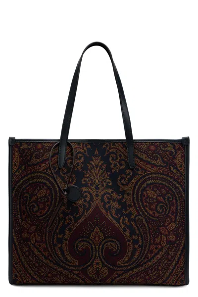 Etro Paisley Embroidered Canvas Tote Bag In Brown