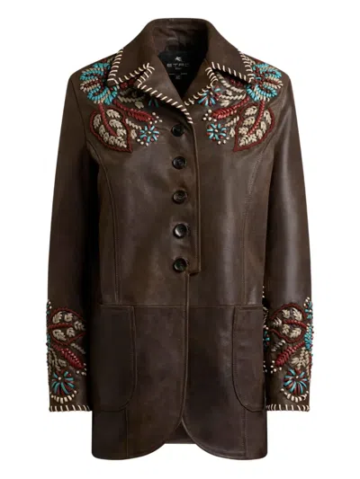 Etro Paisley-embroidered Leather Jacket In Brown