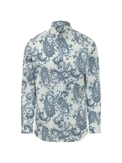 Etro Paisley Shirt With Embroidered Logo In Blue