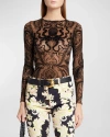 ETRO PAISLEY EMBROIDERED MESH LONG-SLEEVE TOP