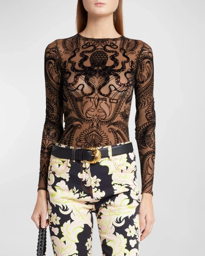 Etro Paisley Embroidered Mesh Long-sleeve Top In Browngrey