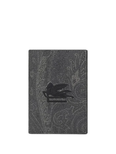 Etro Paisley Embroidered Passport Case In Gray