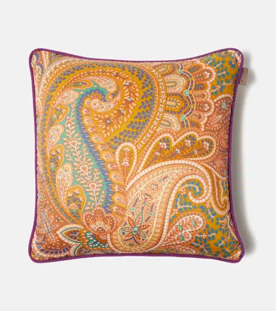 Etro Paisley Floral Cotton Cushion In Brown