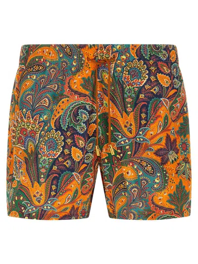 Etro Paisley Pattern Swimsuit Elastic Waistband Pockets In Orange