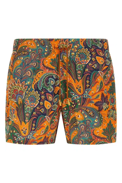 Etro Paisley Pattern Swimsuit Elastic Waistband Pockets In Orange