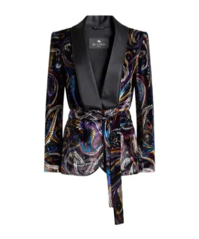 ETRO ETRO PAISLEY FOLIAGE MOTIF BELTED VELVET BLAZER