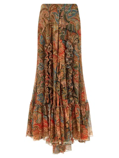 Etro Paisley Print Ruffle Silk Chiffon Maxi Skirt In Multi
