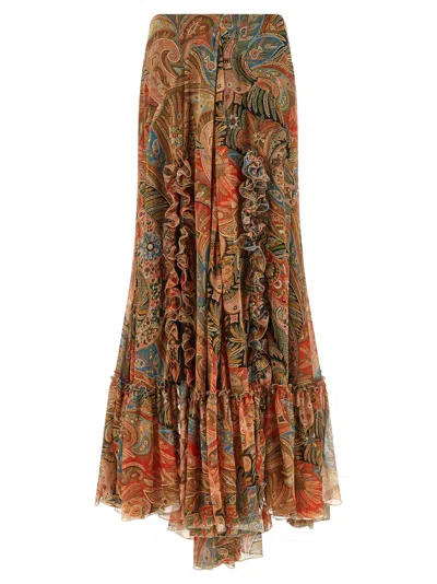 Etro Paisley Print Ruffle Silk Chiffon Maxi Skirt In Multi