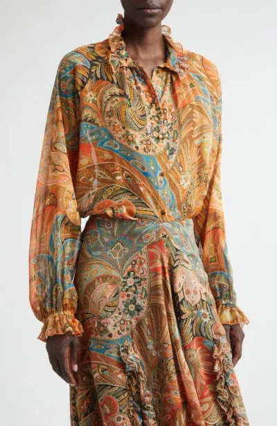 Etro Paisley Frill Collar Silk Button-up Shirt In Multi
