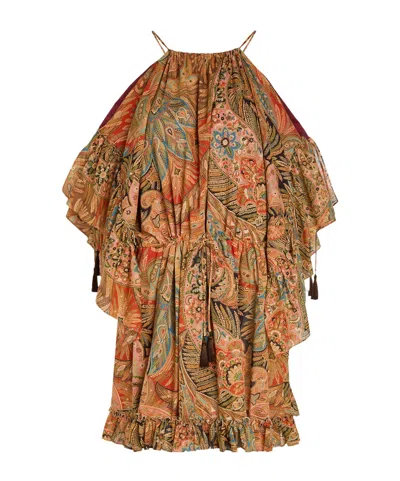 Etro Paisley Frill Cotton Mini Dress In Brown