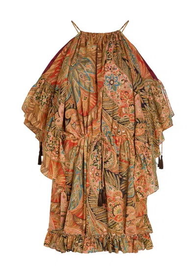 Etro Paisley Frill Cotton Mini Dress In Brown