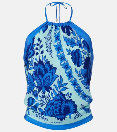 Etro Paisley Halterneck Silk Top In Blue