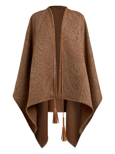 Etro Leather-trimmed Paisley-print Wool-blend Poncho In Brown