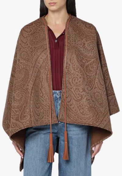 Etro Leather-trimmed Paisley-print Wool-blend Poncho In Brown