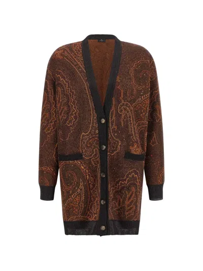 Etro Paisley Jacquard Cardigan In Brown