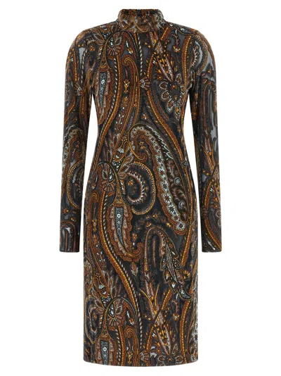 Etro Jacquard Chenille Paisley-print High-neck Long-sleeve Midi Dress In Multi