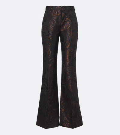Etro Paisley Jacquard Cotton Flared Pants In Brown