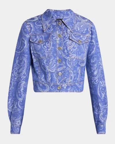 Etro Paisley Jacquard Crop Denim Jacket In Blue