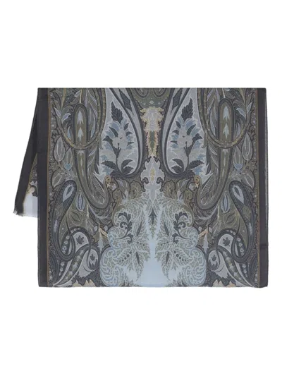 Etro Paisley Jacquard Frayed Edge Scarf In Gray