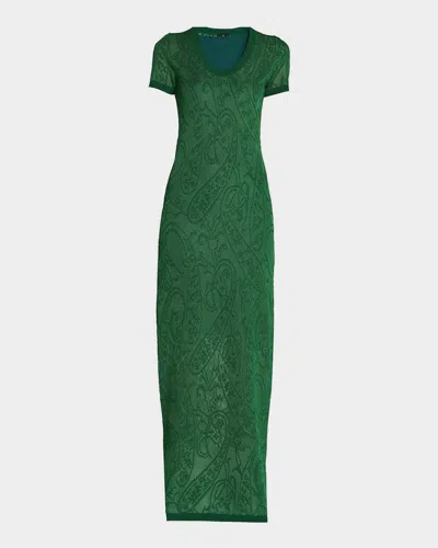 Etro Paisley Jacquard Knit Short-sleeve Maxi Dress In Green
