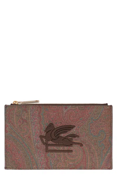 Etro Paisley Jacquard Logo Print Card Case In Brown