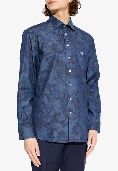 Etro Paisley Jacquard Long-sleeved Shirt In Blue