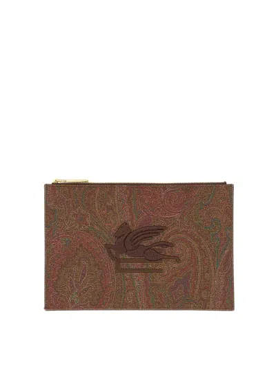 Etro Paisley Jacquard Medium Pouch In Brown