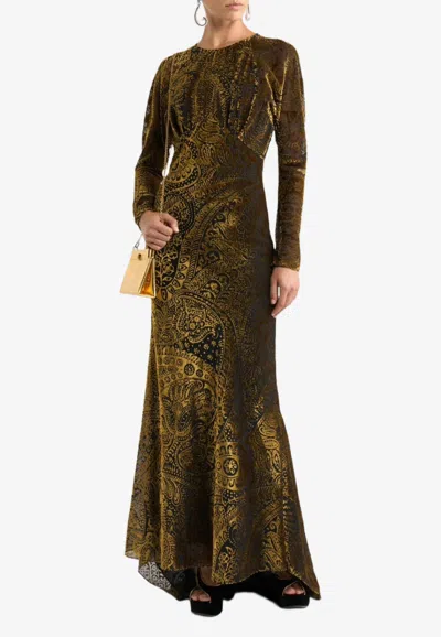 Etro Paisley Jacquard Metallic Velvet Gown In Gold