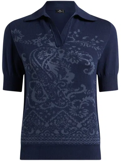 Etro Paisley-jacquard Polo Top In Blue