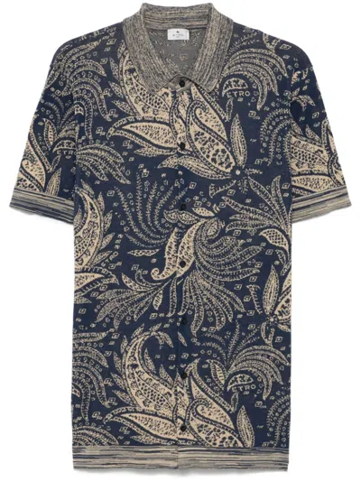 Etro Short-sleeved Blue Jacquard Shirt With Paisley Motif