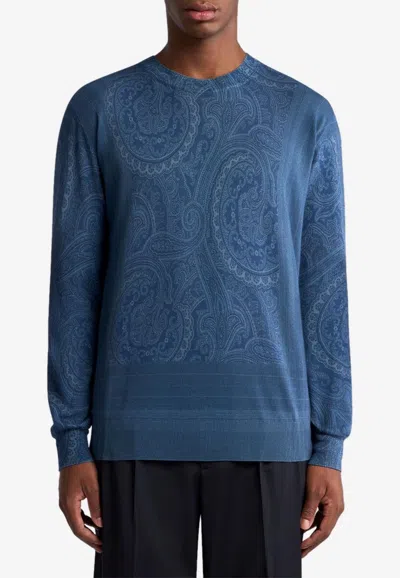Etro Paisley Jacquard Silk And Cashmere Sweater In Blue