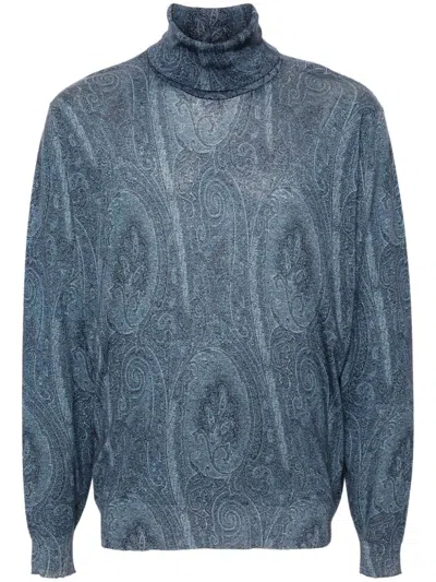 Etro Paisley-jacquard Sweater In Print On Blue Base