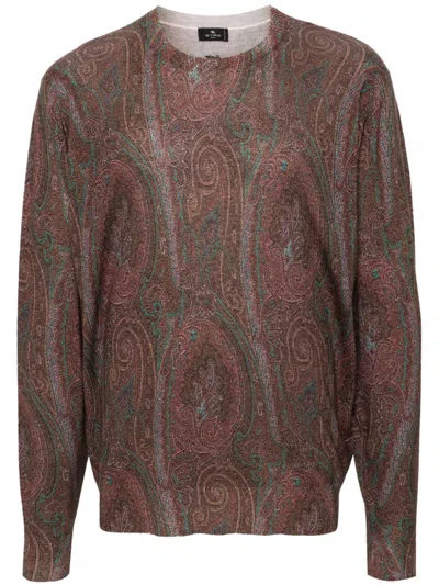 Etro Luxury Bordeaux Silk-cashmere Crewneck Sweater In Print On Bordeaux Base