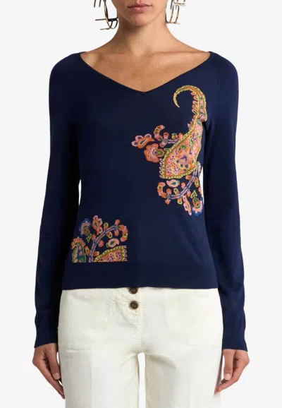 Etro Paisley Jacquard V-neck Sweater In Blue