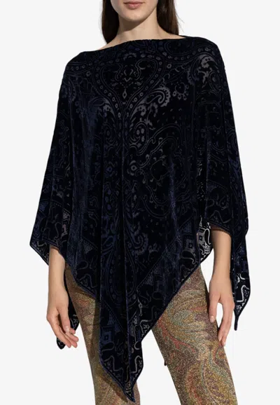 Etro Paisley Jacquard Velvet Poncho In Navy