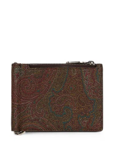 Etro Paisley Jacquard With Money Clip Card Holder Wallet In Brown