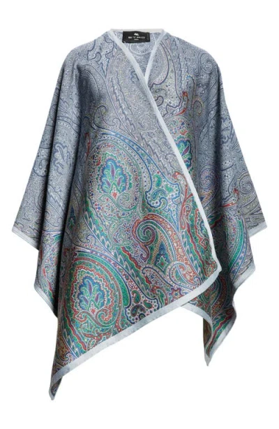 Etro Paisley Jacquard Wool Blend Cape In Green Print 3