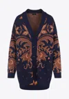 Etro Wool Jacquard V-neck Cardigan With Front Pockets In Blue